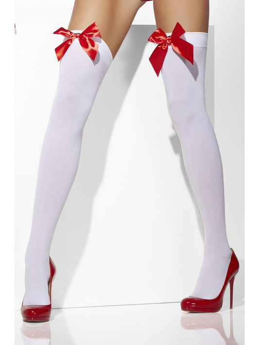 White Opaque Hold-Ups with Red Bows