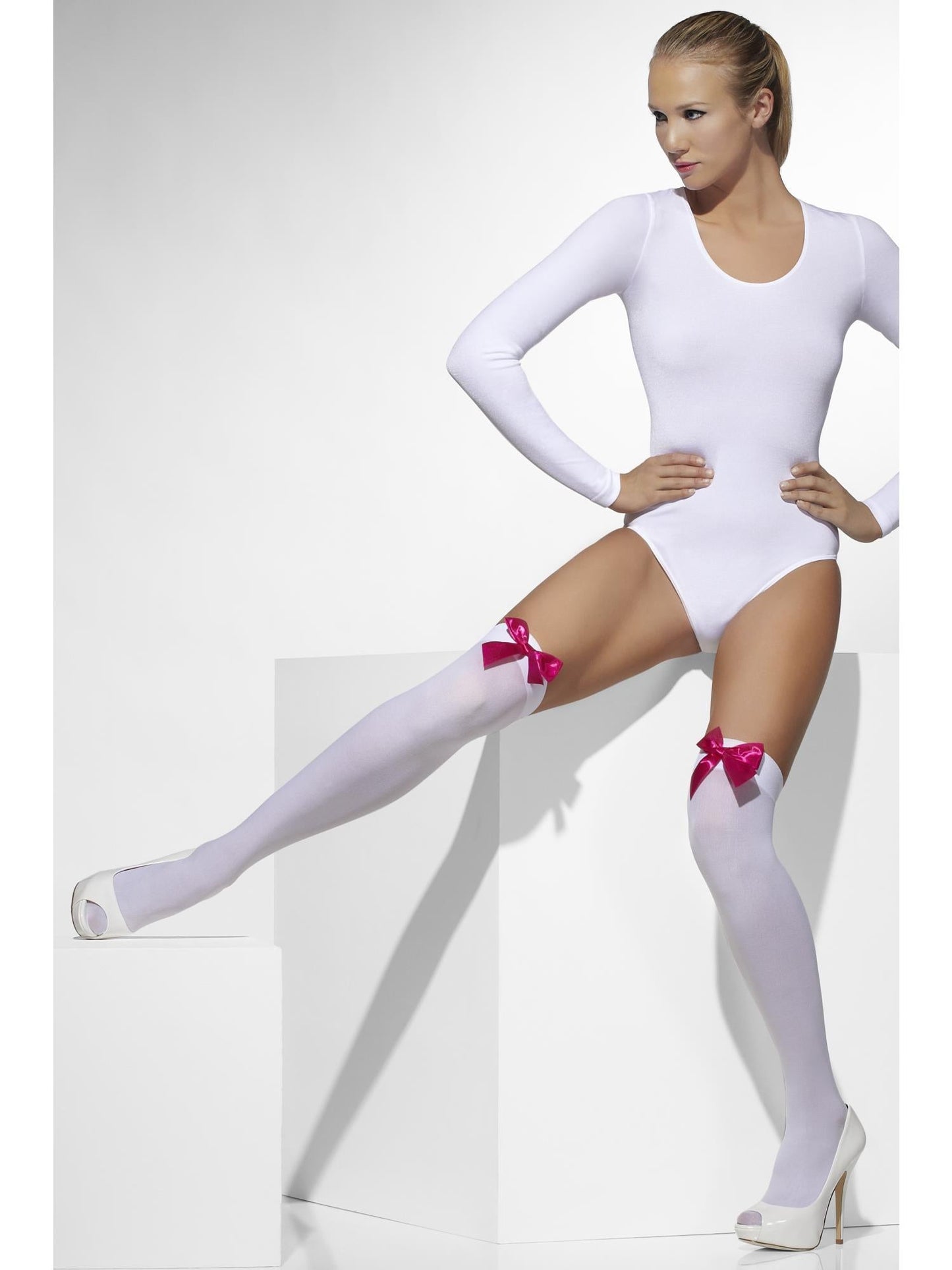 White Hold Ups with Fuchsia Bows