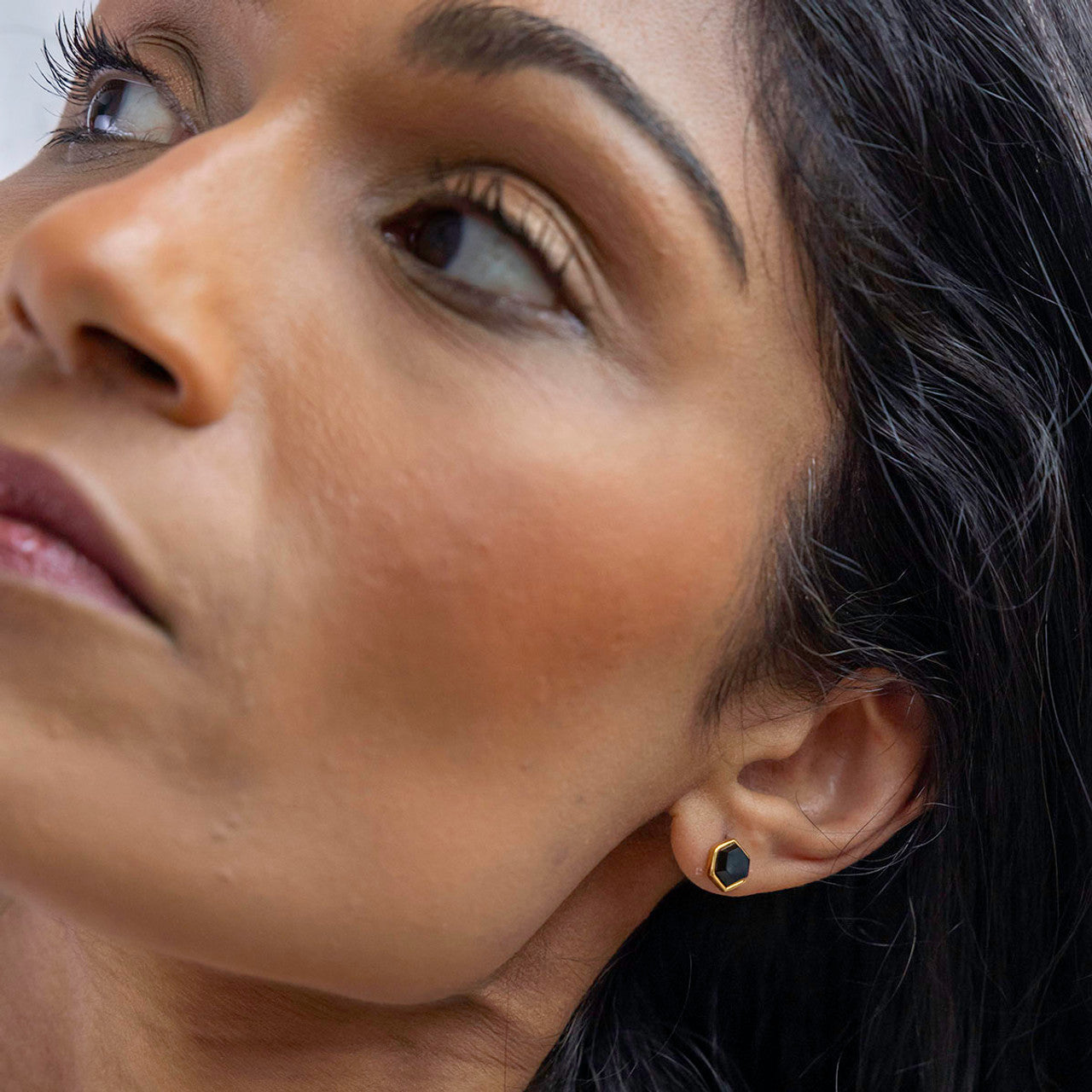 Liga Hexagon Black Onyx Stud Earrings - Gold Plated