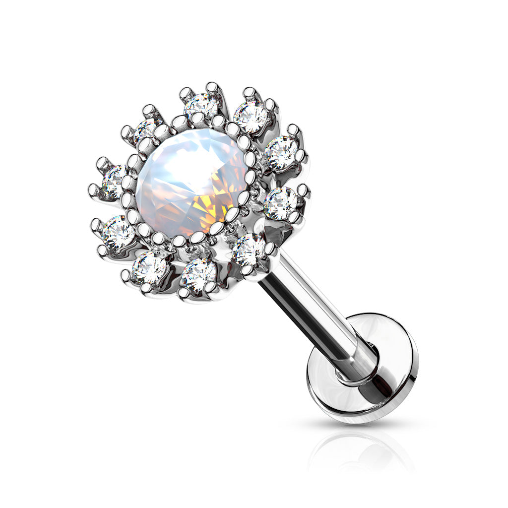 CZ Paved Round Flower with Opalite Center Labret.
