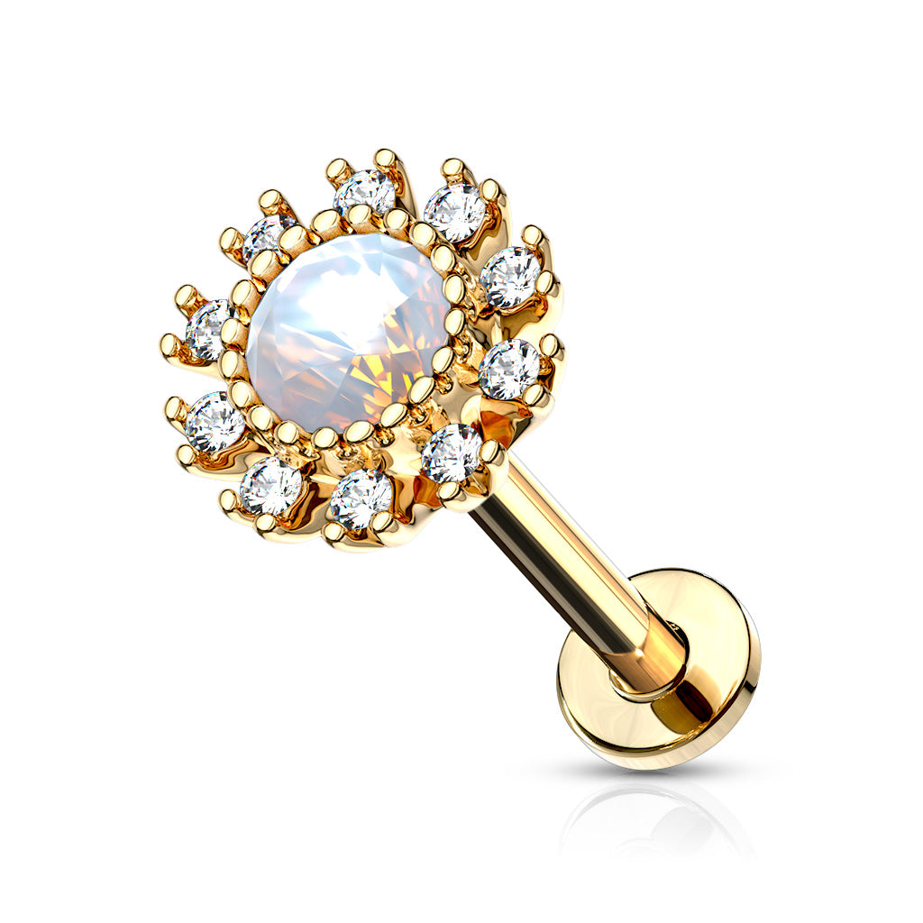 CZ Paved Round Flower with Opalite Center Labret.