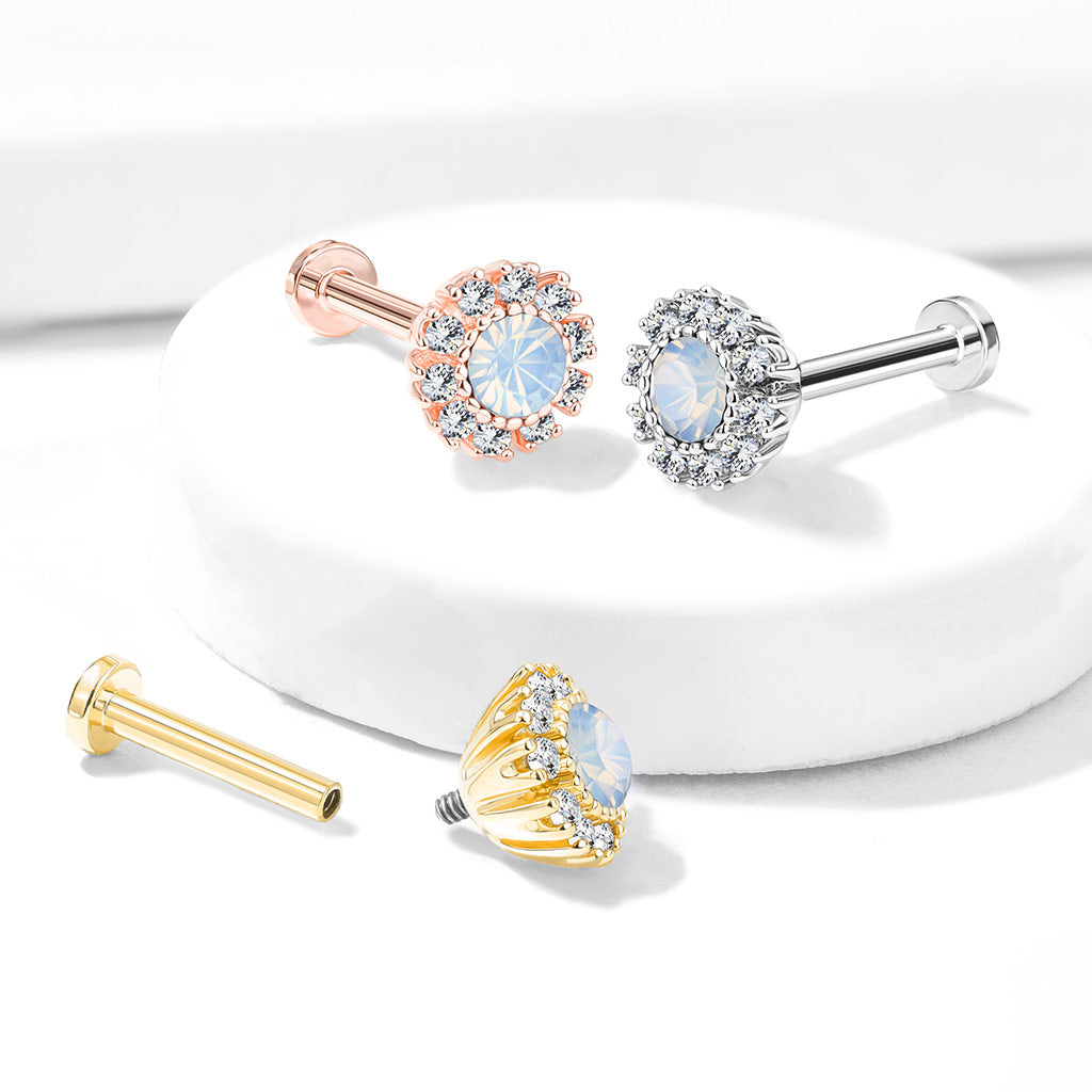 CZ Paved Round Flower with Opalite Center Labret.