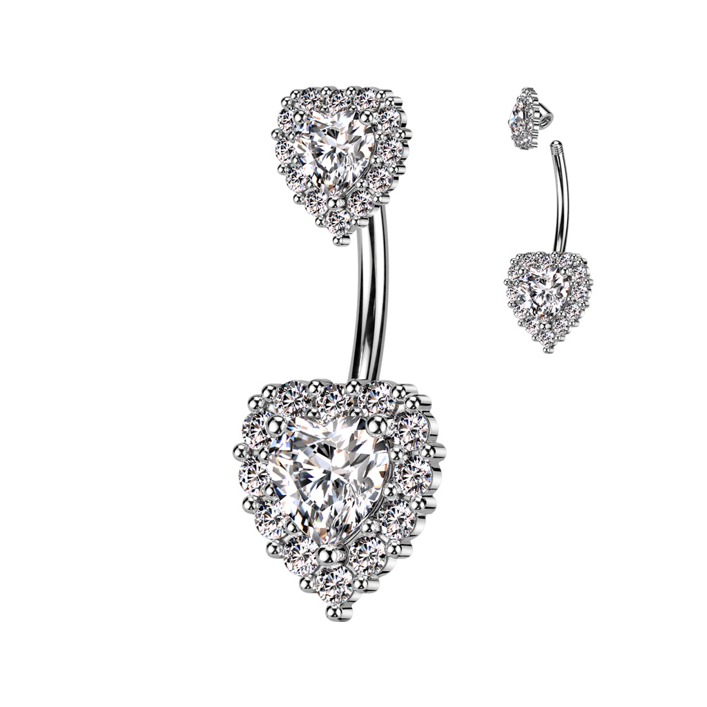 CZ Paved Double Heart CZ Belly Bar.