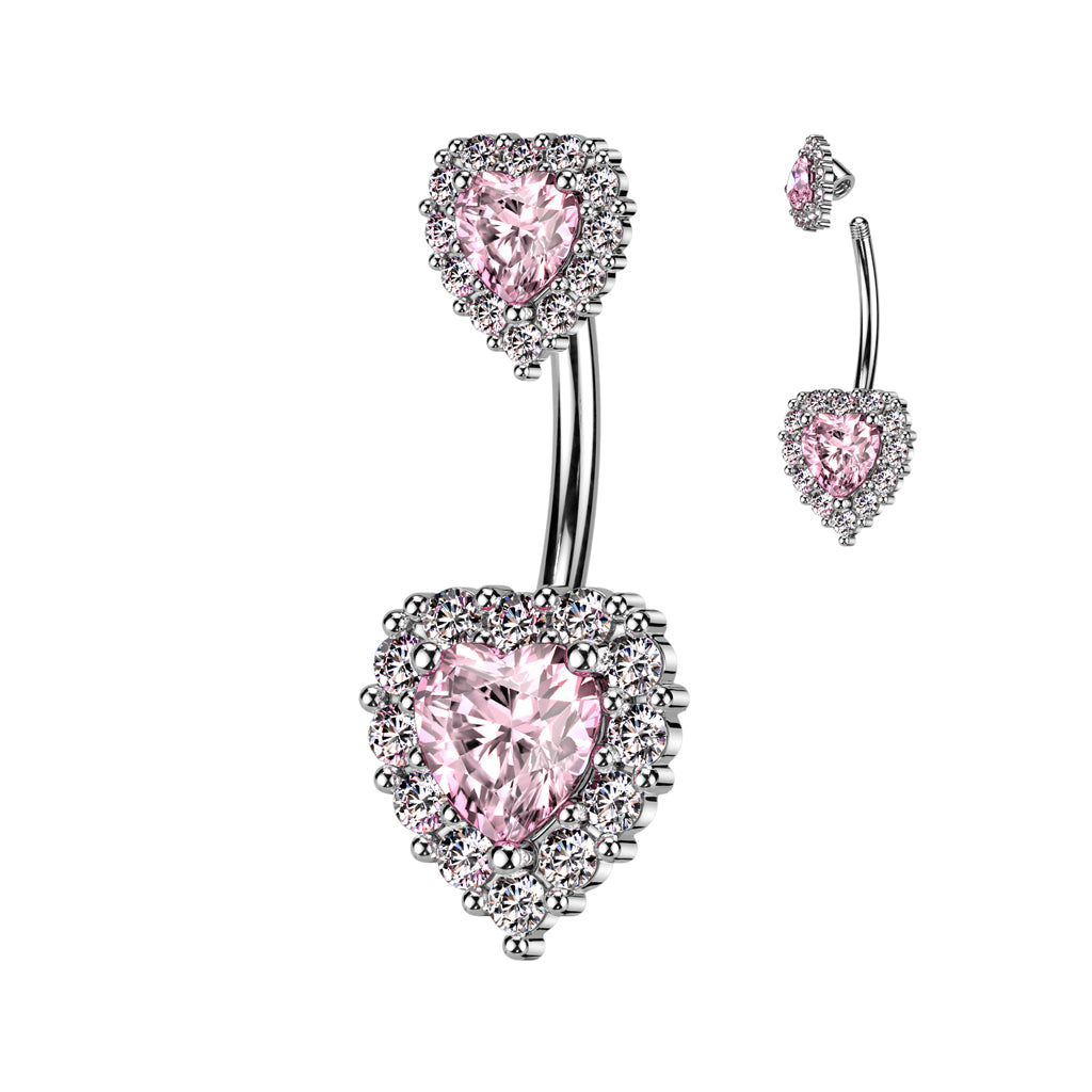 CZ Paved Double Heart CZ Belly Bar.