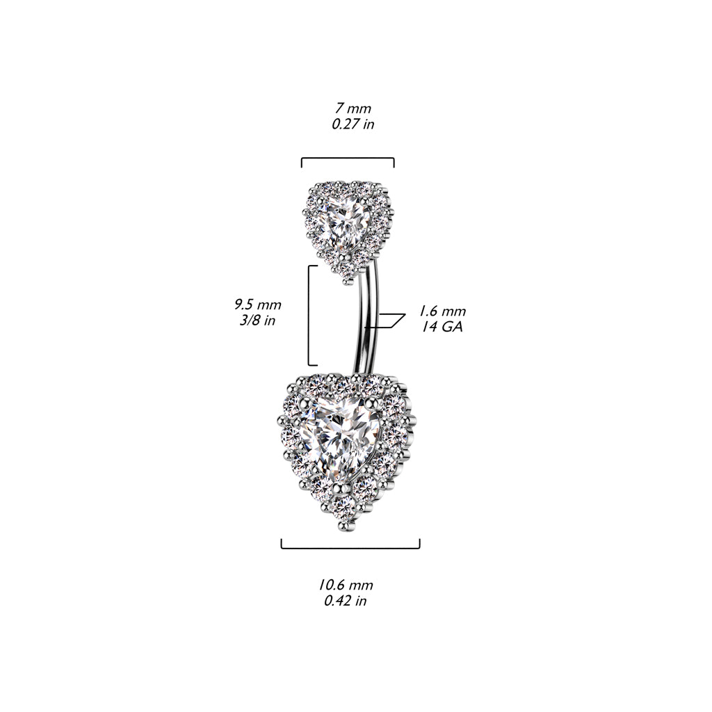 CZ Paved Double Heart CZ Belly Bar.