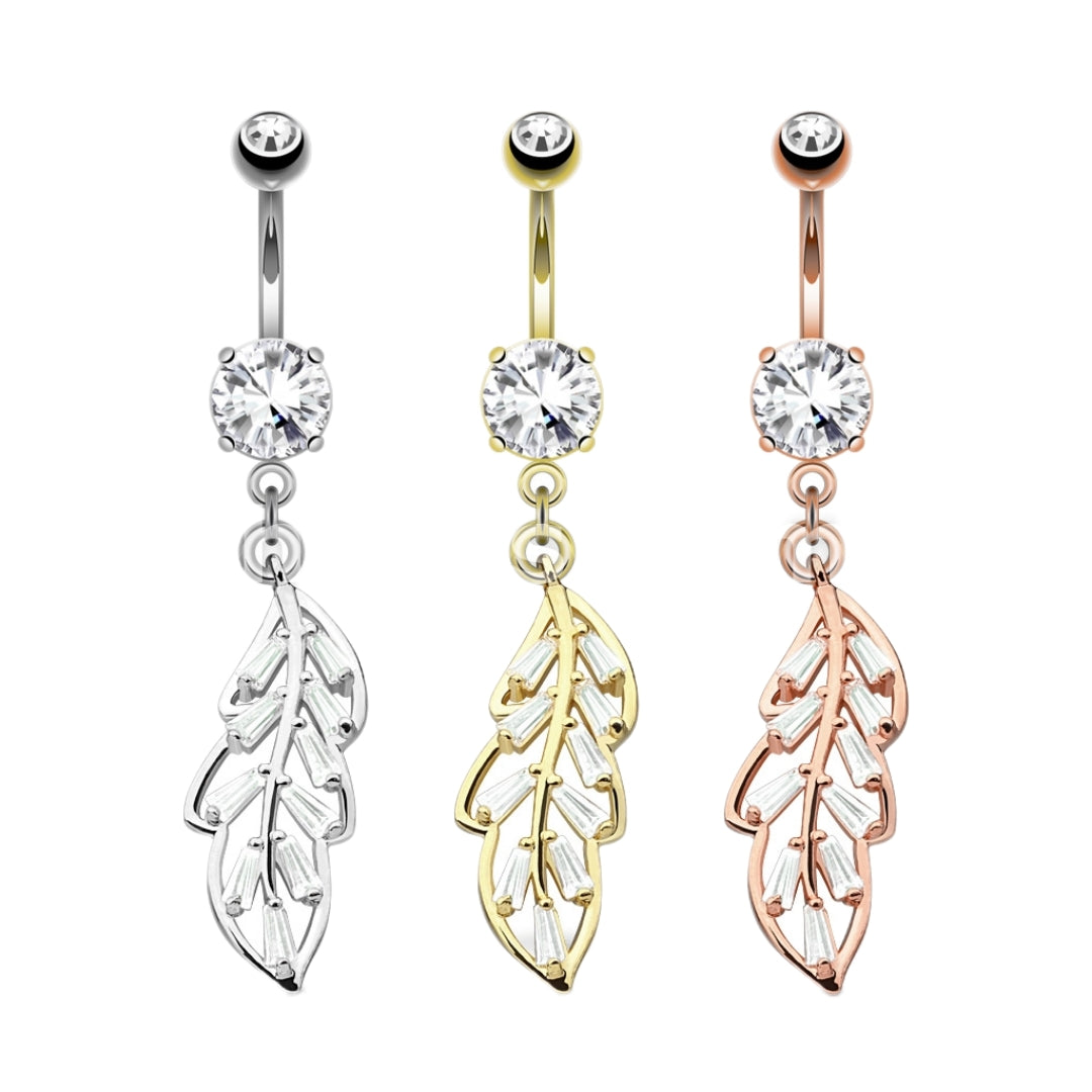 CZ Paved Leaf Dangly Belly Bar.