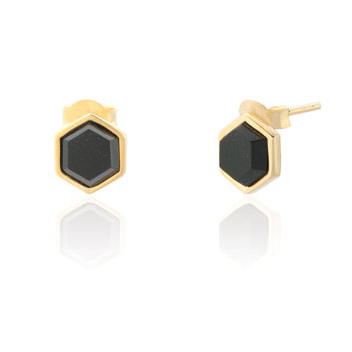 Liga Hexagon Black Onyx Stud Earrings - Gold Plated