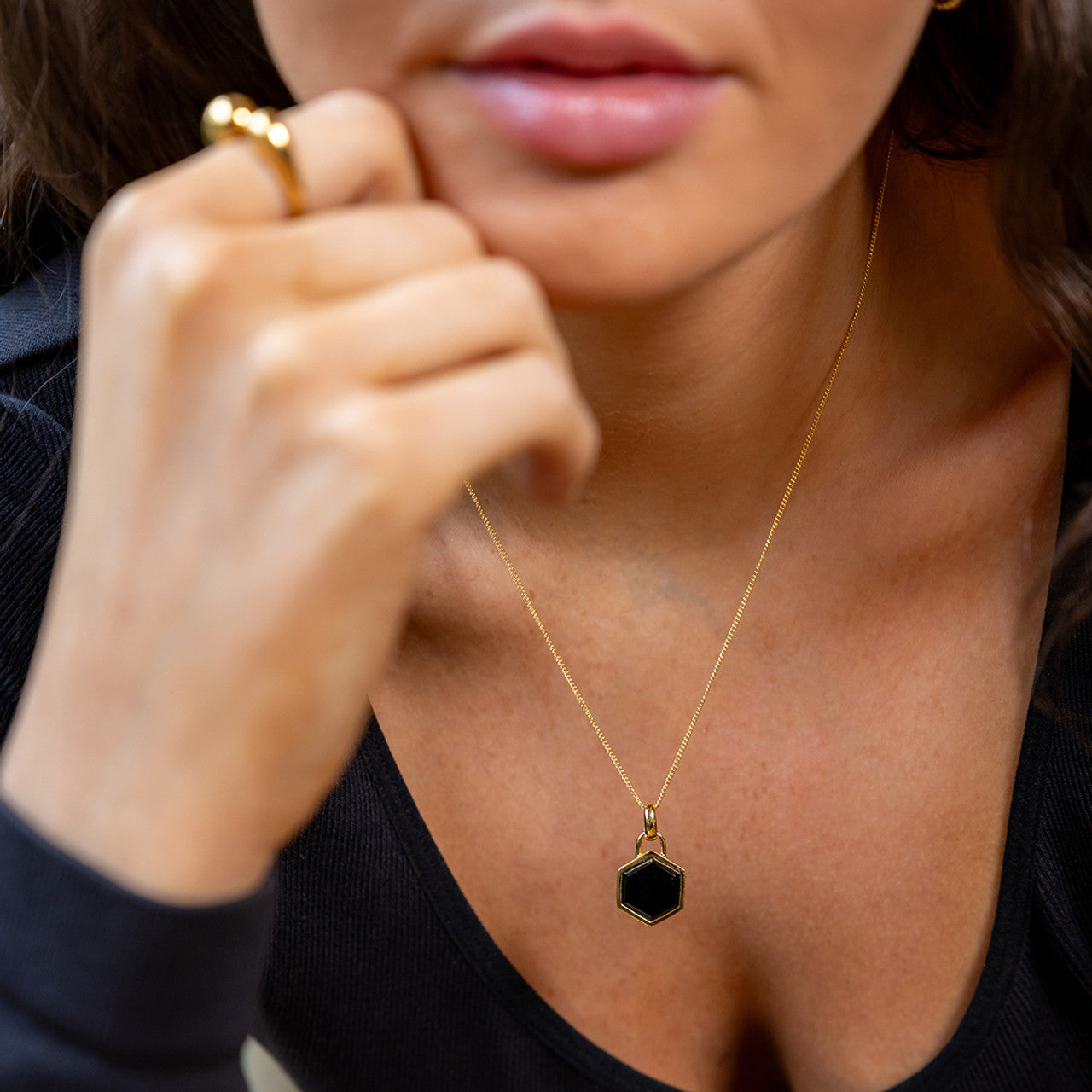 Liga Hexagon Black Onyx Pendant & Chain - Gold Plated