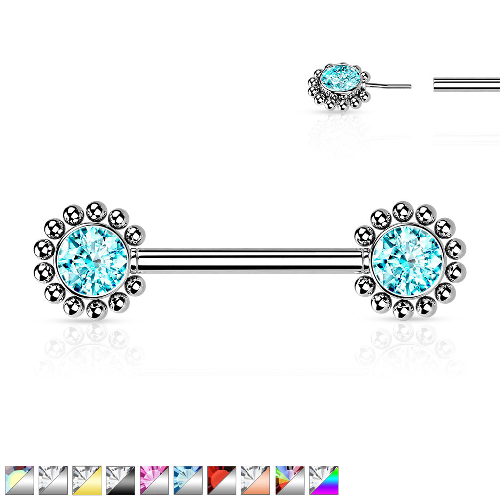 Forward Facing Gem and Bead Nipple Bar.