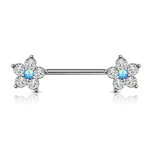 5 CZ Flower with Opal Glitter Center Nipple Bar.