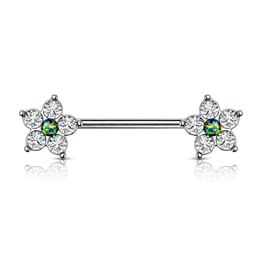 5 CZ Flower with Opal Glitter Center Nipple Bar.