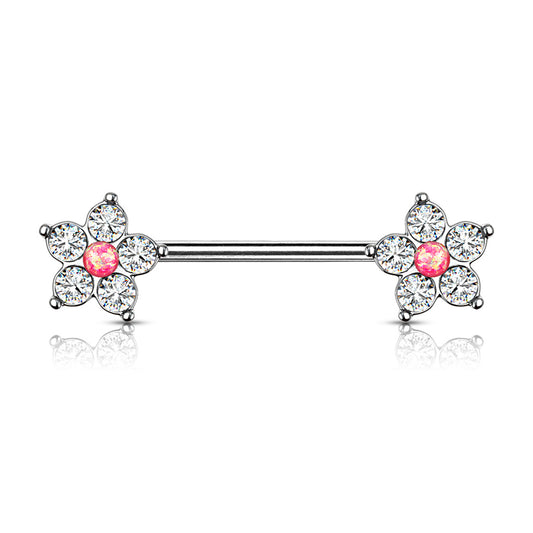 5 CZ Flower with Opal Glitter Center Nipple Bar.