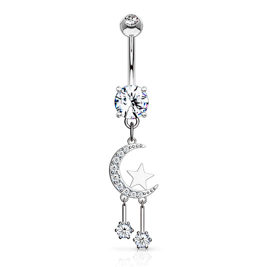 Moon and Star CZ Dangly Belly Bar.