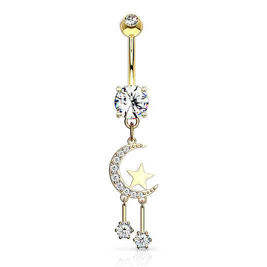 Moon and Star CZ Dangly Belly Bar.