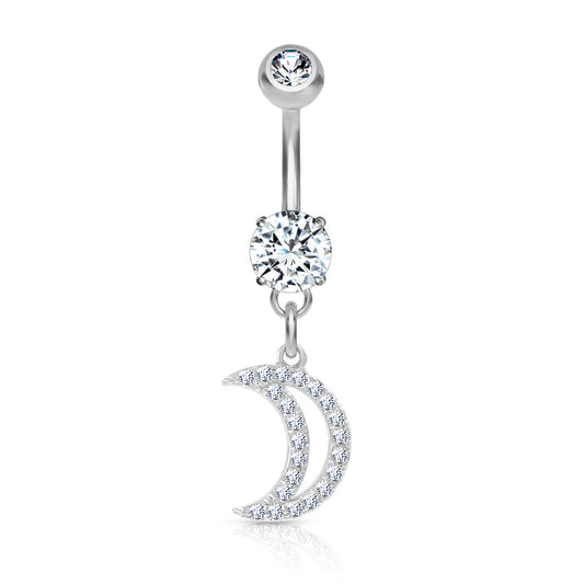 CZ Dangly Crescent Moon Belly Bar.
