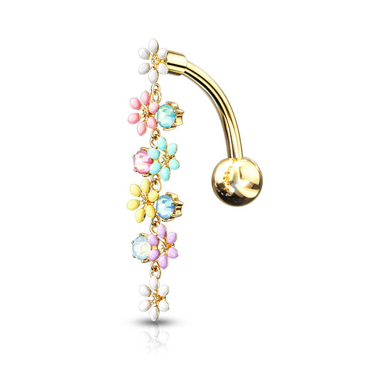 Enamel Flowers and CZs Top Dangly Belly Bar.