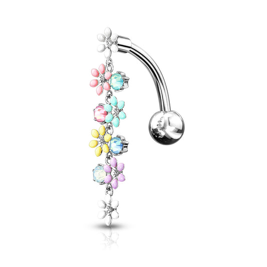 Enamel Flowers and CZs Top Dangly Belly Bar.