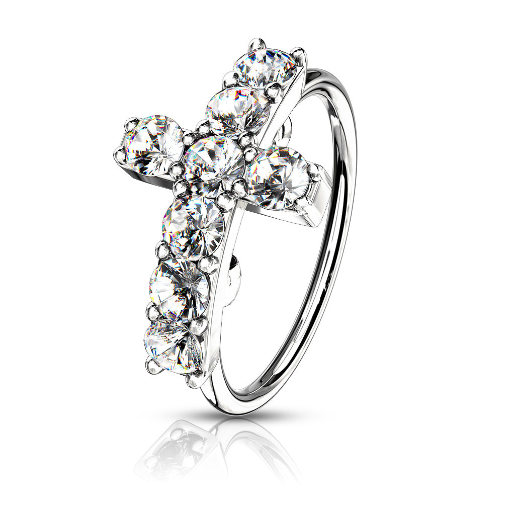 Curved CZ Cross Nose Ring.