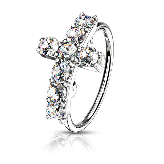 Curved CZ Cross Nose Ring.