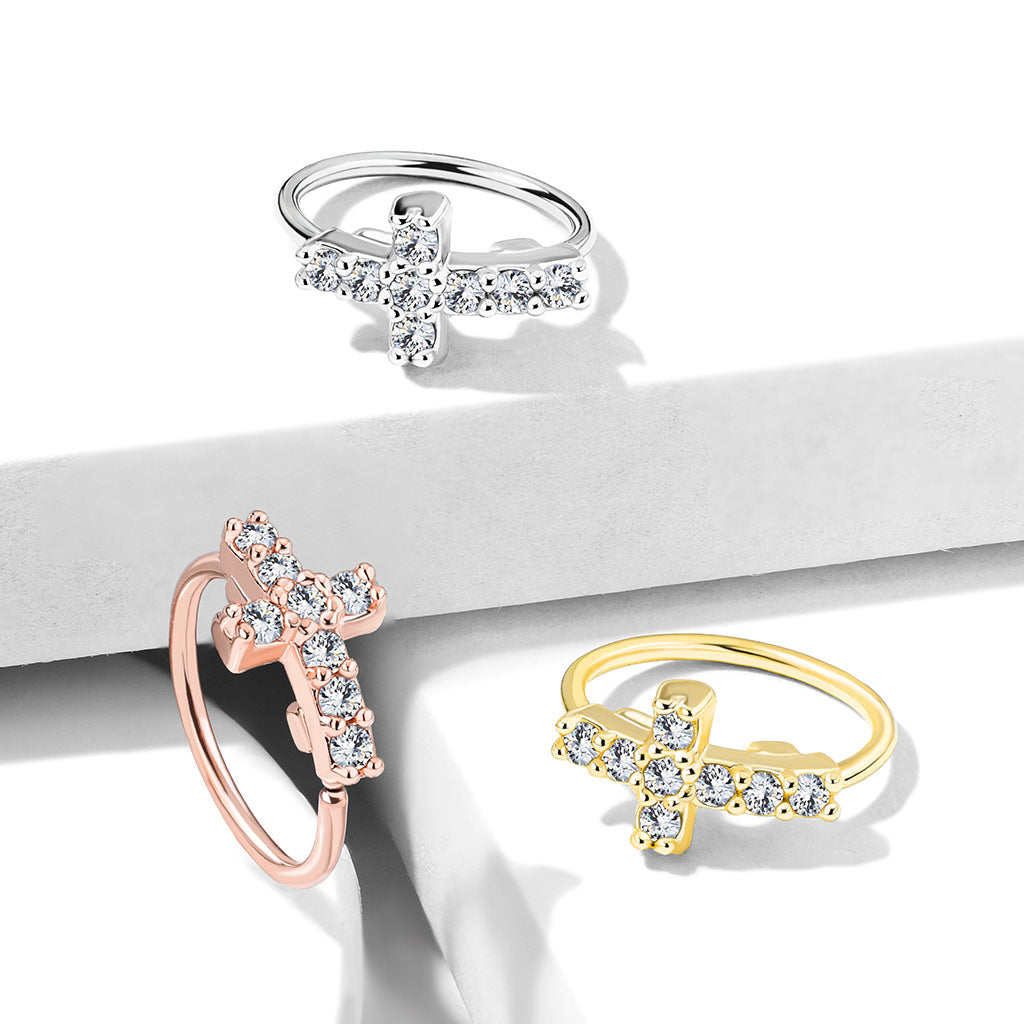 Curved CZ Cross Nose Ring.