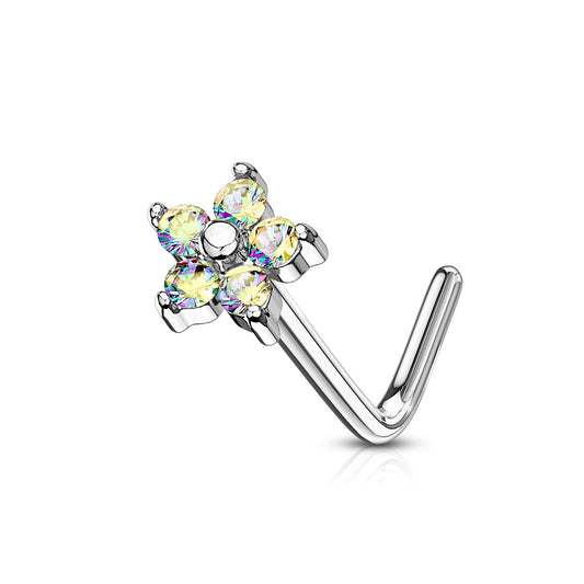 Small CZ Flower L Post Nose Stud.