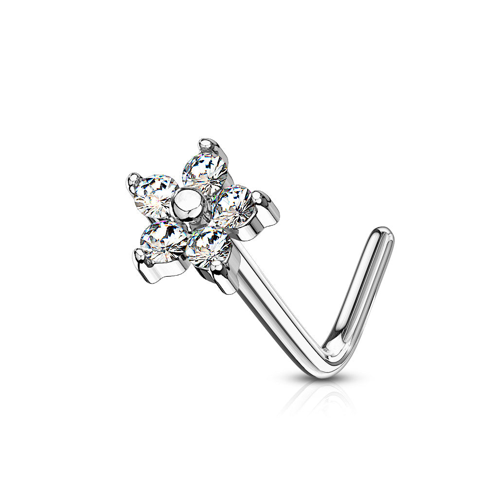 Small CZ Flower L Post Nose Stud.