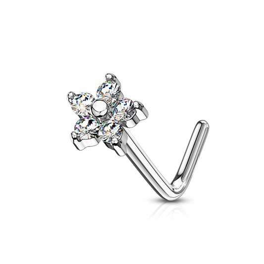 Small CZ Flower L Post Nose Stud.