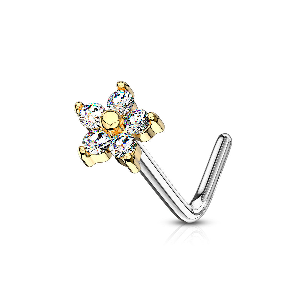 Small CZ Flower L Post Nose Stud.