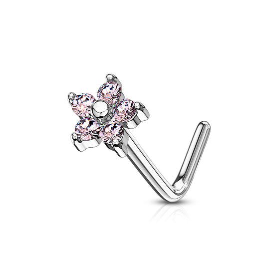 Small CZ Flower L Post Nose Stud.