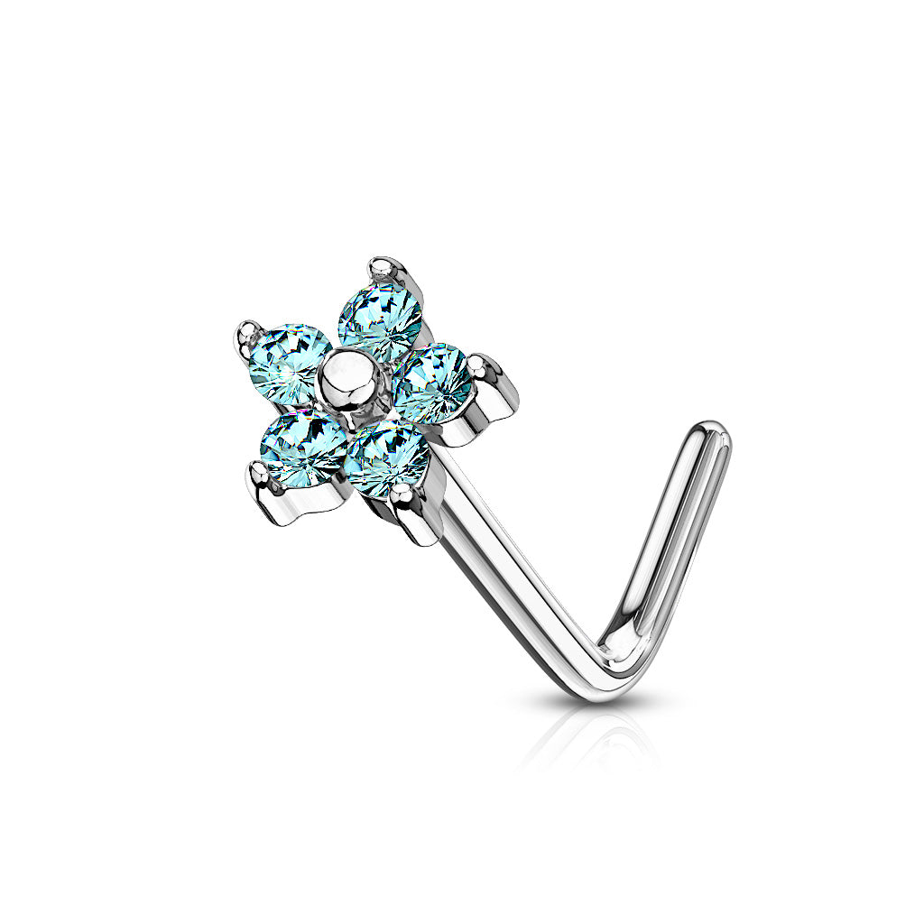 Small CZ Flower L Post Nose Stud.