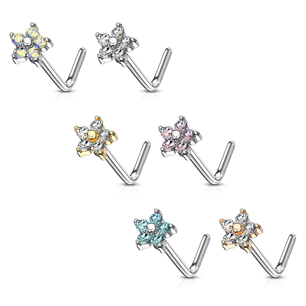 Small CZ Flower L Post Nose Stud.