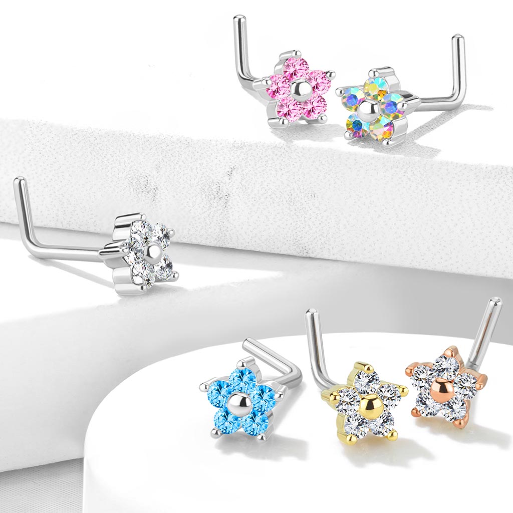 Small CZ Flower L Post Nose Stud.
