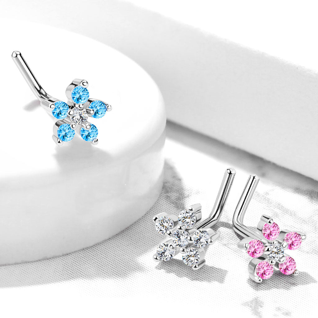 Medium CZ Flower L Post Nose Stud.