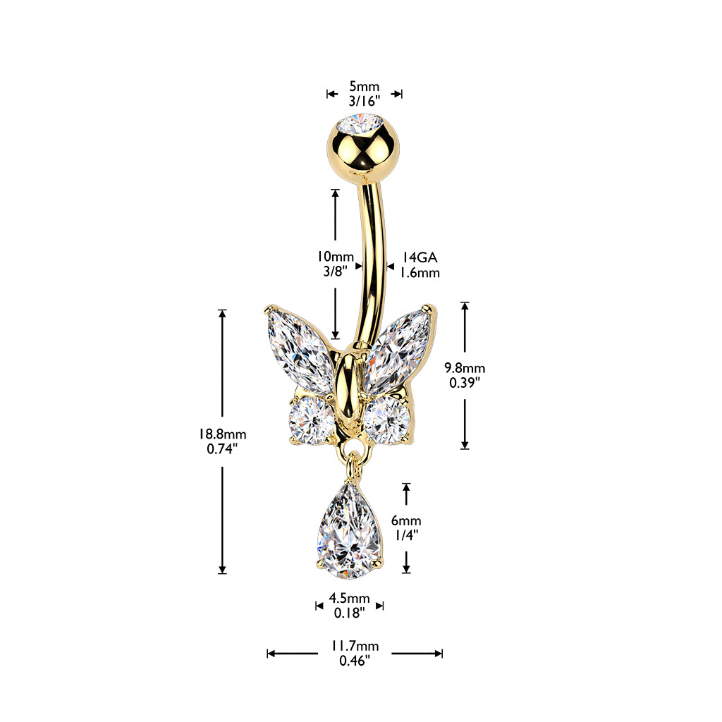 Butterfly with Teardrop Dangly CZ Belly Bar.