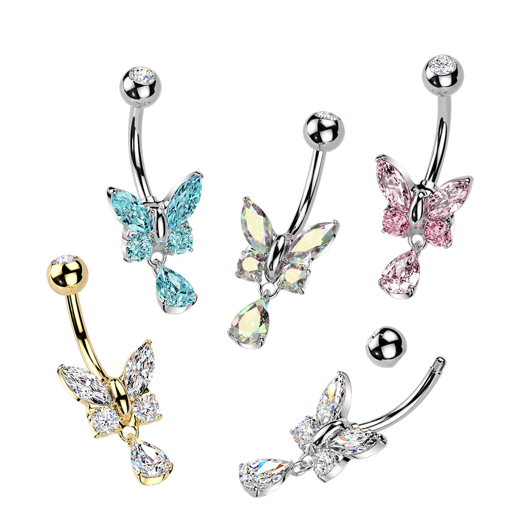 Butterfly with Teardrop Dangly CZ Belly Bar.