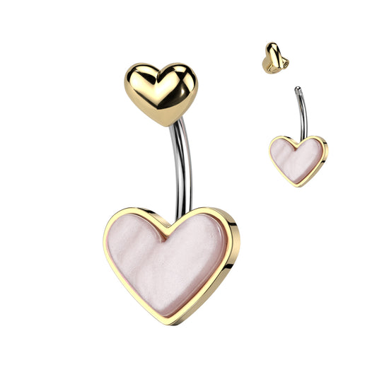 Double Heart Belly Bar with Mother of Pearl Inset