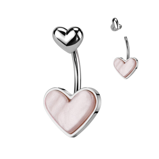 Double Heart Belly Bar with Mother of Pearl Inset