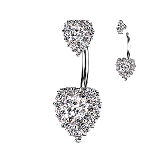 CZ Paved Double Heart CZ Belly Bar.