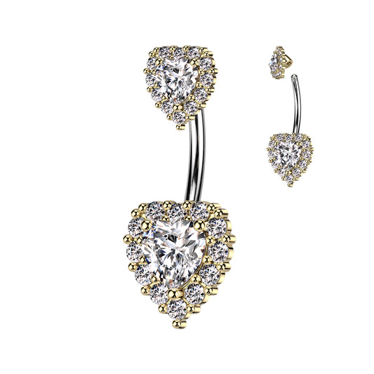 CZ Paved Double Heart CZ Belly Bar.