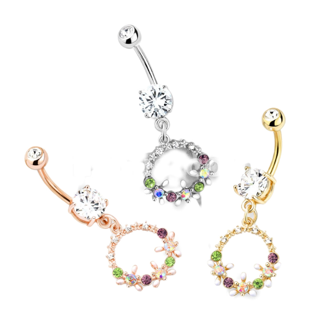 Round CZ with Flowery Ring Dangly Belly Bar.