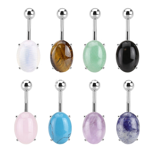 Prong Set Oval Semi Precious Stone Belly Bar.