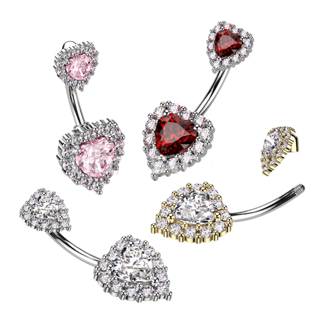 CZ Paved Double Heart CZ Belly Bar.