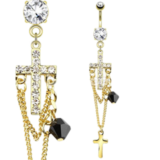 CZ Cross with Chains and Black Gem Dangly Belly Bar