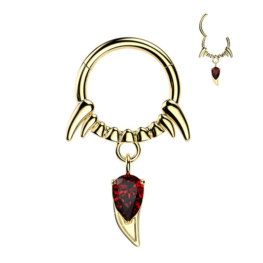 Vampire Fang Hinged Ring With Dangly Red CZ Fang.