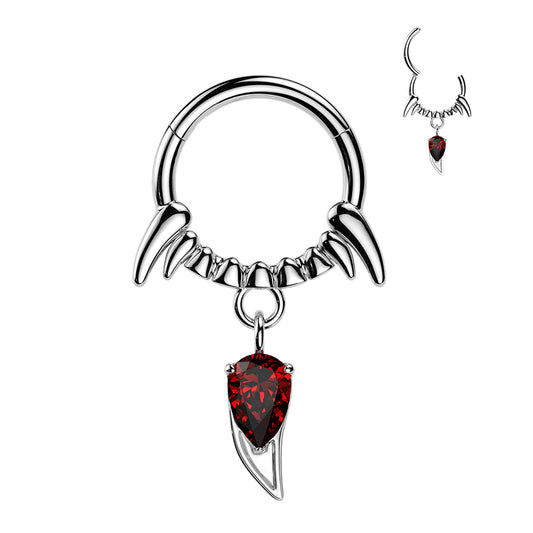 Vampire Fang Hinged Ring With Dangly Red CZ Fang.